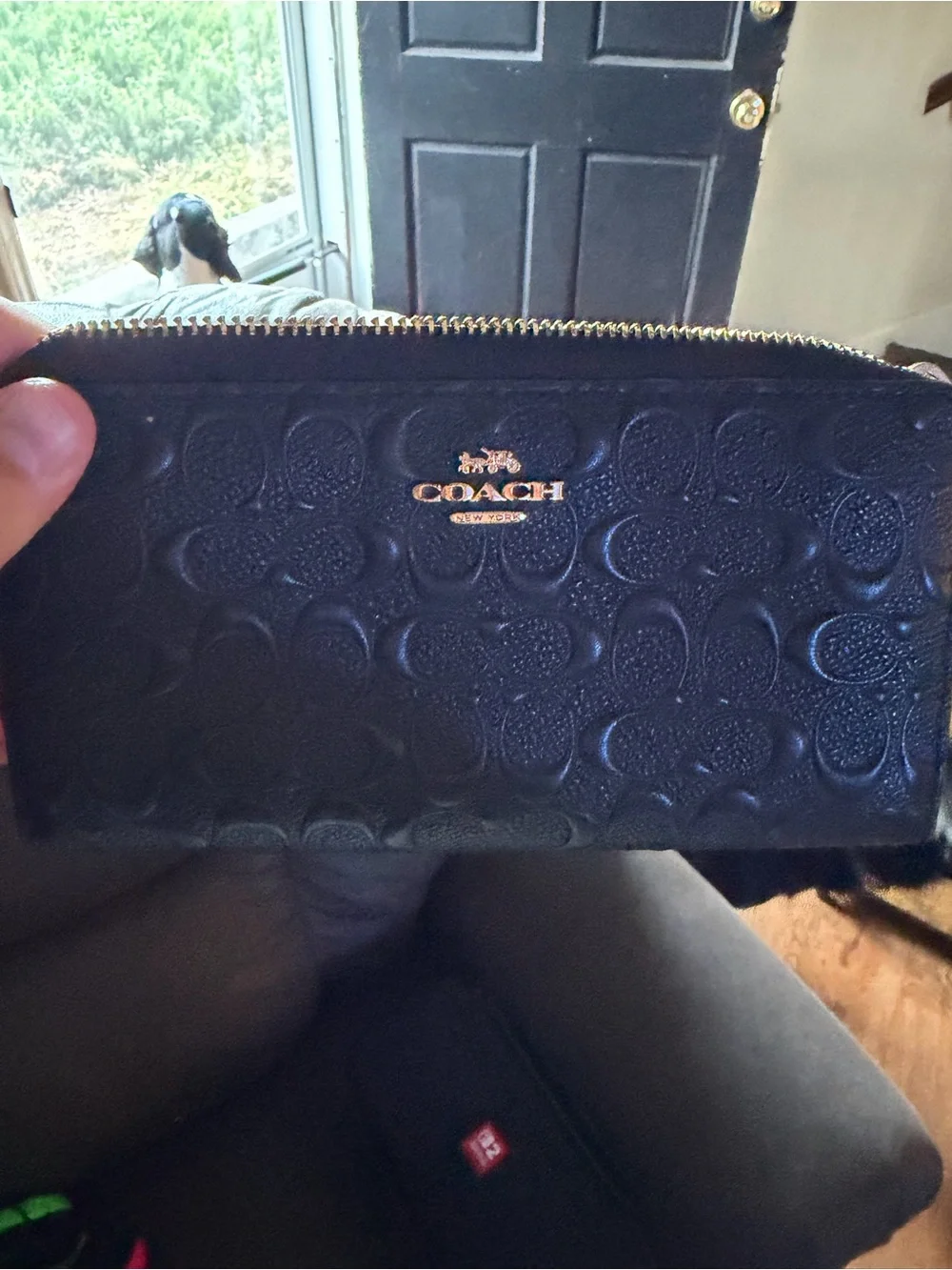 Coach Black Embossed Signature Zip Wallet with Gold Hardware